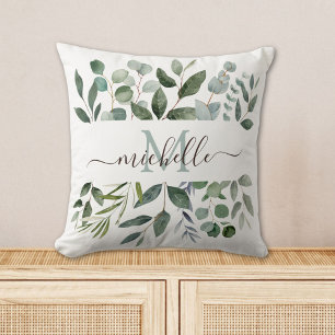 Coussin Monogramme feuilles de verdure d'eucalyptus vert s
