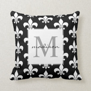 Coussin Monogramme Fleur blanc noir élégant de lis Pattern