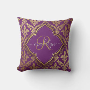 Coussin Monogramme Fleur de motif damassé or pourpre royal