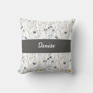 Coussin Monogramme Fleur Sauvage Aquarelle Bleu Gris Nom
