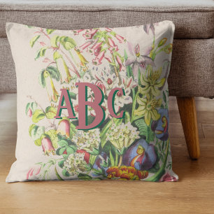 Coussin Monogramme Fleurs Vintages botaniques rose et vert