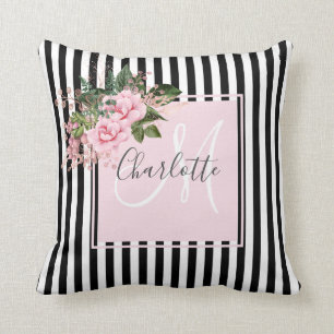 Coussin monogramme floral à rayures noires roses