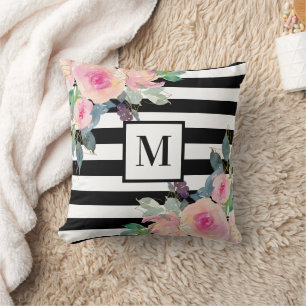 Coussin Monogramme floral aquarelle rose et rayure noir et