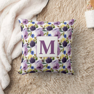 Coussin Monogramme floral aquarelle rose violet élégant
