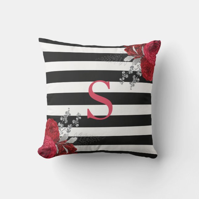 Coussin Monogramme floral argenté rouge Blancs noirs (Recto)