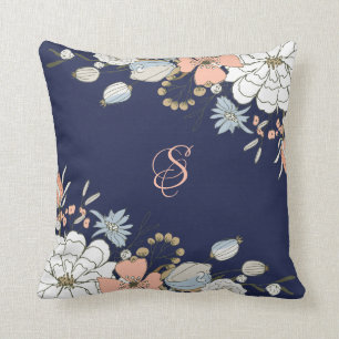 Coussin Monogramme floral bleu rose bleu marine Personnali
