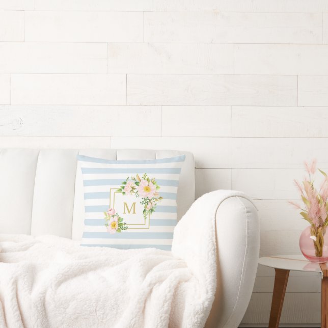 Coussin Monogramme Floral Chic Pastel Bleu Stripe Côtière (Canapé)