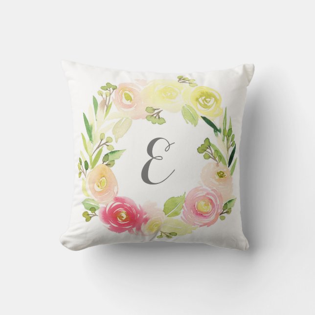 Coussin Monogramme floral de la guirlande | d'aquarelle (Recto)