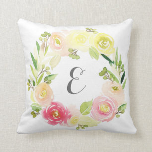 Coussin Monogramme floral de la guirlande   d'aquarelle