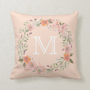 Coussin Monogramme floral de pêche romantique