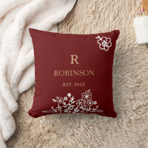 Coussin Monogramme floral doux rouge & or personnalisé ini