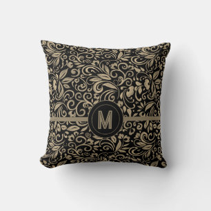 Coussin Monogramme Floral Élégant Noir Argent
