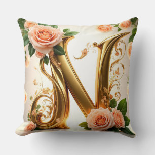 Coussin 🌷 Monogramme Floral N Décor Abricot 🌼