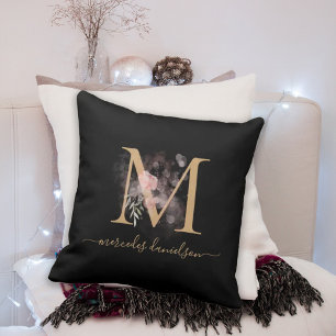 Coussin Monogramme floral noir et or moderne