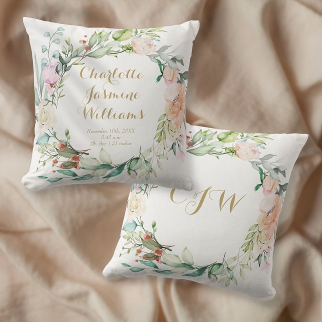 Coussin Monogramme Floral Statistiques de Naissance de Béb (Créateur téléchargé)