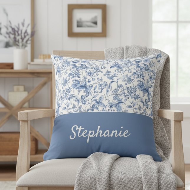 Coussin Monogramme Floral Toile Bleu Vintage (Créateur téléchargé)