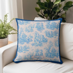 Coussin Monogramme Floral Toile Turquoise Bleu Vintage