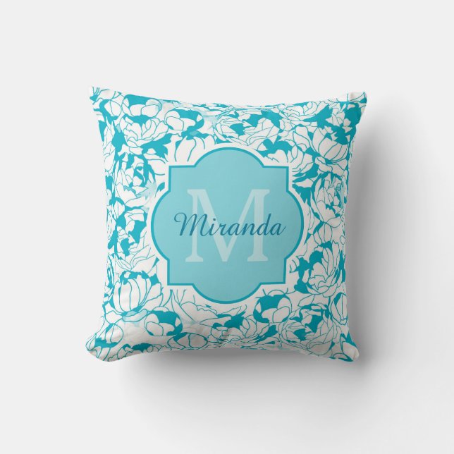 Coussin Monogramme Floral Turquoise Moderne Avec Nom (Recto)