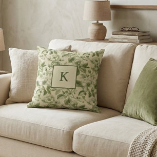 Coussin Monogramme Floral Vert Botanique Vintage