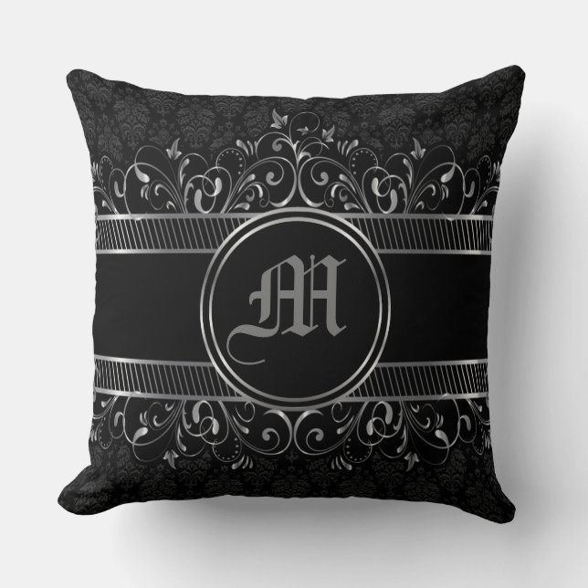 Coussin Monogramme gothique orné noir et argent (Recto)