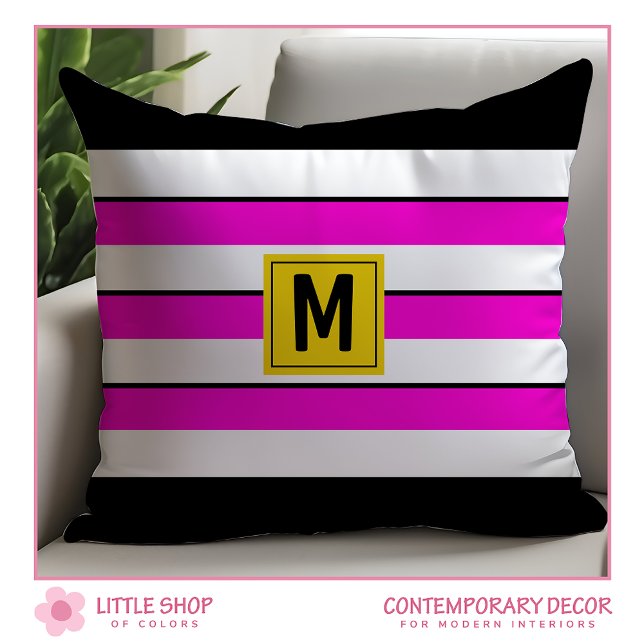Coussin Monogramme Gras Gris Bandes Roses (Créateur téléchargé)