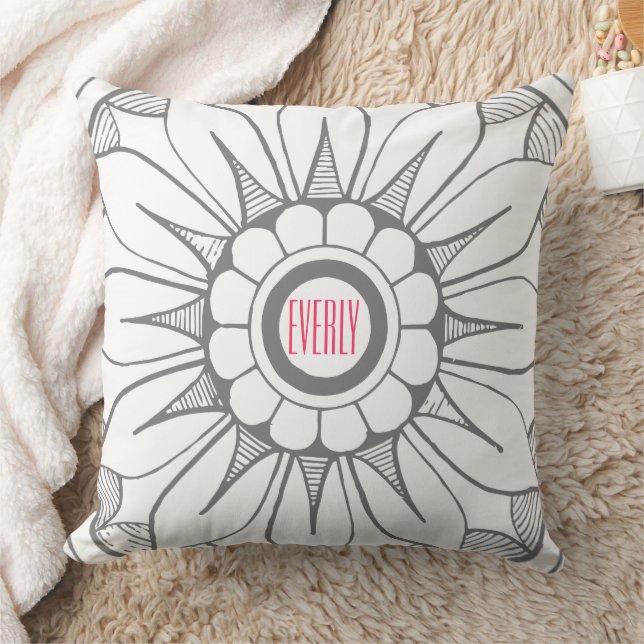 Coussin Monogramme Gris et rose moderne Motif de médaillon (Couverture)
