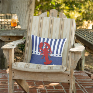 Coussin Monogramme - Homard rouge sur bandes bleu et blanc