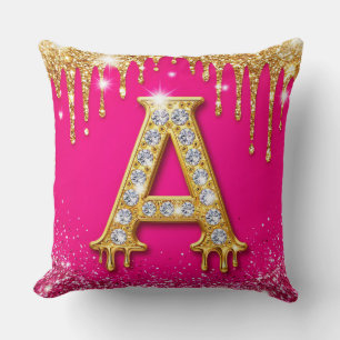 Coussin Monogramme initial A diamant pailleté rose cadre o