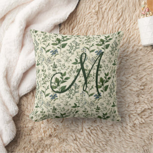 Coussin Monogramme Initial Botanique Vert Cottagecore