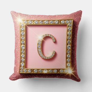 Coussin Monogramme initial C diamant pailleté rose cadre o