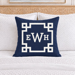 Coussin Monogramme Initial Clé Grecque Navy Classique