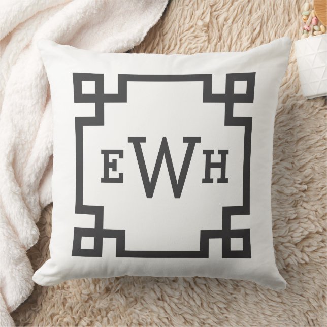 Coussin Monogramme Initial Clé Grecque Noir Blanc Classiqu (Couverture)