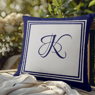 Coussin Monogramme initial élégant à motif carré bleu gris