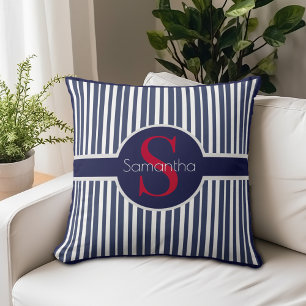 Coussin Monogramme Initial Élégant Rayé Navy Rouge