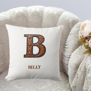 Coussin Monogramme Initial en Cuir Occidental Travaillé B