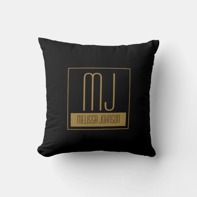 Coussin Monogramme initial noir et or moderne (Recto)