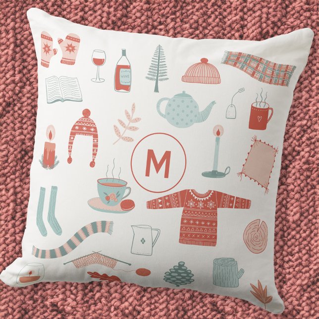 Coussin Monogramme Initial Rétro Scandinave Hygge (Monogram initial personalized Scandinavian Hygge cosy throw pillow)