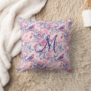 Coussin Monogramme Initial Rose Bleu Toile Floral Oiseaux