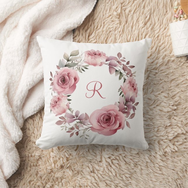 Coussin Monogramme Initial Roses Roses Fleurs Vertes Aquar (Couverture)