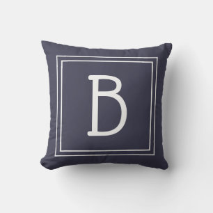 Coussin Monogramme initiale encadrée chic bleu nuit et bla