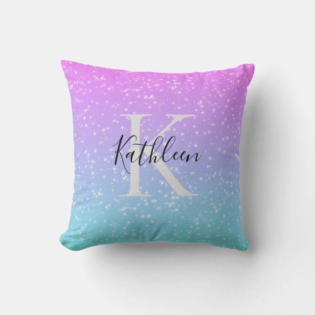 Coussin Monogramme Initiale Nom Rose Bleu Étincelle Fémini (Recto)