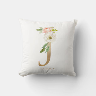 Coussin Monogramme J en lettre florale de faux papier d'or