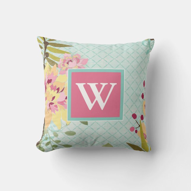 Coussin Monogramme | Jardin floral, Arrière - plan bleu (Recto)