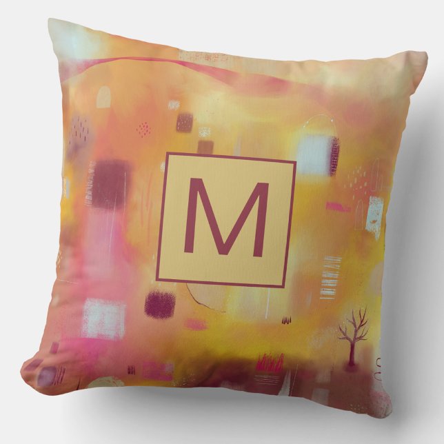 Coussin Monogramme Jaune Abstrait Moderne (Monogram initial personalized yellow ochre a abstract art throw pillow)