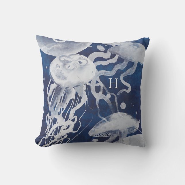 Coussin Monogramme | Jellyfish on Navy Arrière - plan (Recto)