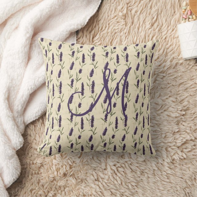 Coussin Monogramme lilas violet beige floral botanique (Couverture)