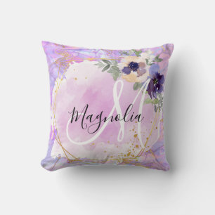 Coussin Monogramme Marbre Arc-en-ciel Violet, Rose & Or