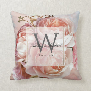 Coussin MONOGRAMME MARIAGE SCRIPT   Peonies roses