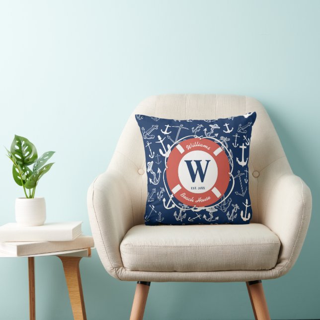Coussin Monogramme marine Ancre bleue Maison de plage (Chaise)