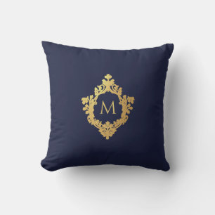 Coussin Monogramme Marine Bleu Faux Or Élégante crête Vint